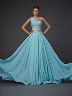 Abito lungo da cerimonia in chiffon con balze, monospalla elegante senza maniche a linea ad A