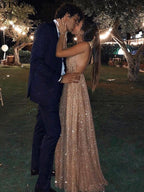 Vestidos de Baile com Decote em V, Sem Mangas, Comprimento até ao Chão, em Tule com Lantejoulas, Linha A/Elegante