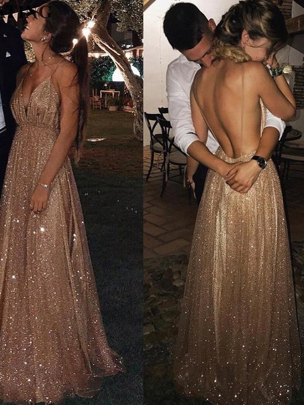 Vestidos de Baile com Decote em V, Sem Mangas, Comprimento até ao Chão, em Tule com Lantejoulas, Linha A/Elegante