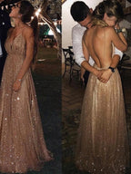 Vestidos de Baile com Decote em V, Sem Mangas, Comprimento até ao Chão, em Tule com Lantejoulas, Linha A/Elegante