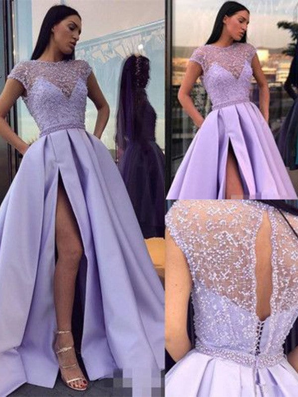 Abito da cerimonia a linea ad A/elegante in raso con perline, scollo a barchetta e maniche corte