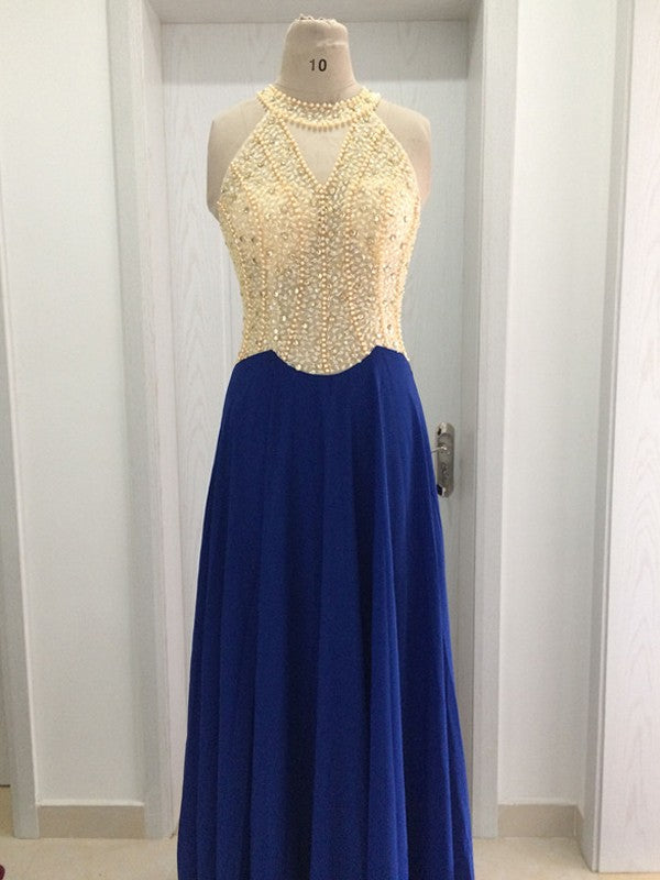 Robes de bal en mousseline à perles, sans manches, en forme de A, élégantes avec encolure dégagée