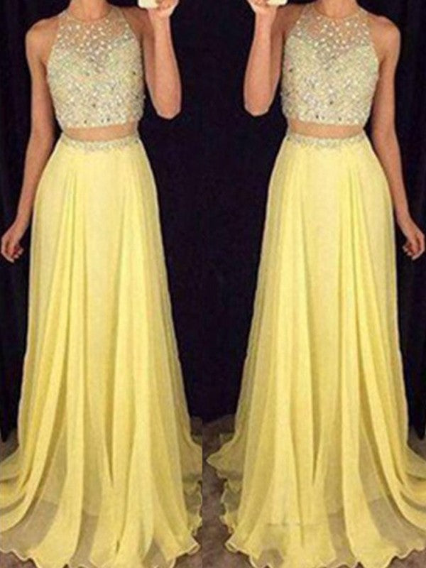Robes de bal deux pièces en mousseline perlée, sans manches, en forme de A/élégante avec encolure dégagée