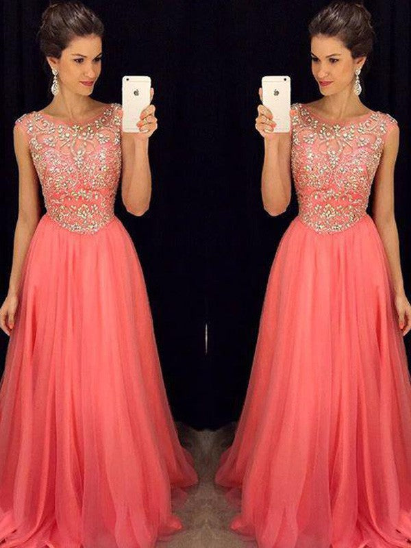 Robes de bal longues en mousseline à perles, sans manches, en forme de A, élégantes avec encolure dégagée