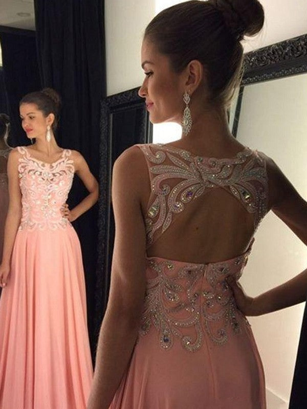 Robes de bal longues au sol en mousseline avec appliques, sans manches, en forme de décolleté en U, coupe en A/élégante