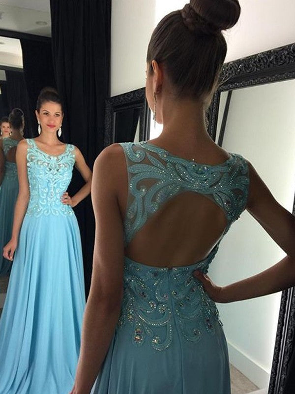 Robes de bal longues au sol en mousseline avec appliques, sans manches, en forme de décolleté en U, coupe en A/élégante