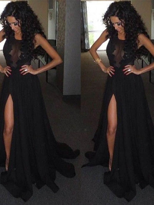 Robes de bal sans manches en satin et mousseline à encolure dégagée, coupe en A/élégante