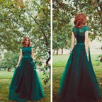 A-Line/Elegant Scoop Sleeveless Tulle Floor-Length Prom Dresses