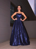 A-Line/Elegant Sequins Spaghetti Straps Ruffles Sleeveless Floor-Length Prom Dresses