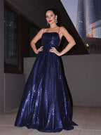 A-Line/Elegant Sequins Spaghetti Straps Ruffles Sleeveless Floor-Length Prom Dresses