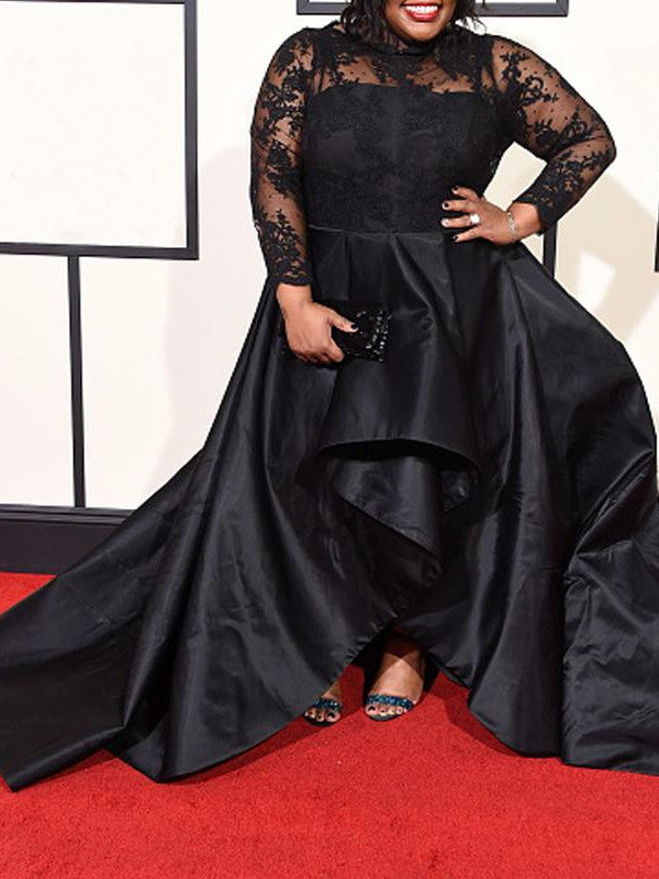 A-Line/Elegant Sheer Neck Long Sleeves Applique Asymmetrical Satin Plus Size Prom Dresses