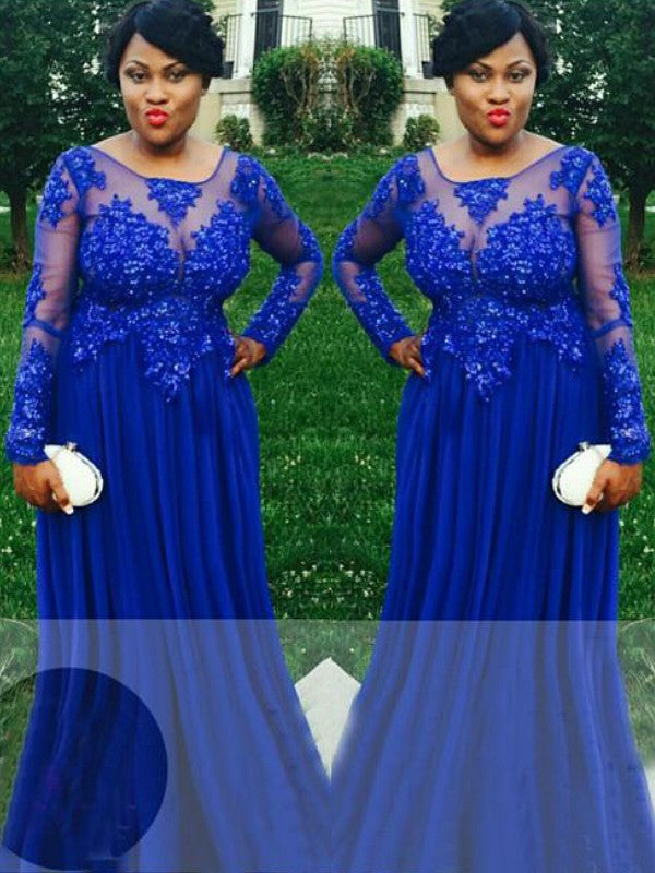 A-Linie/Elegant Durchsichtiger Hals Lange Ärmel Applikationen Bodenlang Chiffon Übergröße Ballkleider
