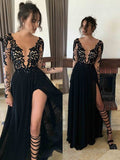 Abito da sera lungo in chiffon con scollo trasparente elegante a linea ad A, maniche lunghe e pizzo fino al pavimento