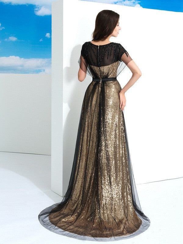 Abito da sera lungo in rete con scollo trasparente elegante a linea A, maniche corte e paillettes