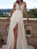 A-Linie/Elegant Kurze Ärmel U-Ausschnitt Applikationen Chiffon Abendkleider