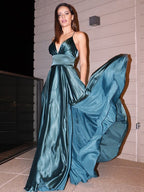 Robes de bal longues au sol sans manches à volants, en satin soyeux élégant, col en V, coupe en A