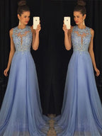 Robes de bal sans manches en mousseline avec application, coupe en A et col rond élégantes