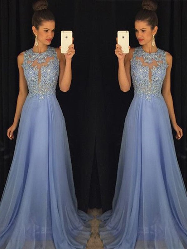 Robes de bal sans manches en mousseline avec application, coupe en A et col rond élégantes