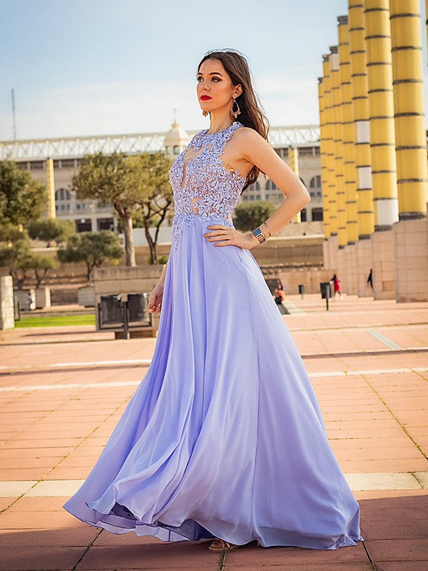 Robes de bal sans manches en mousseline avec application, coupe en A et col rond élégantes
