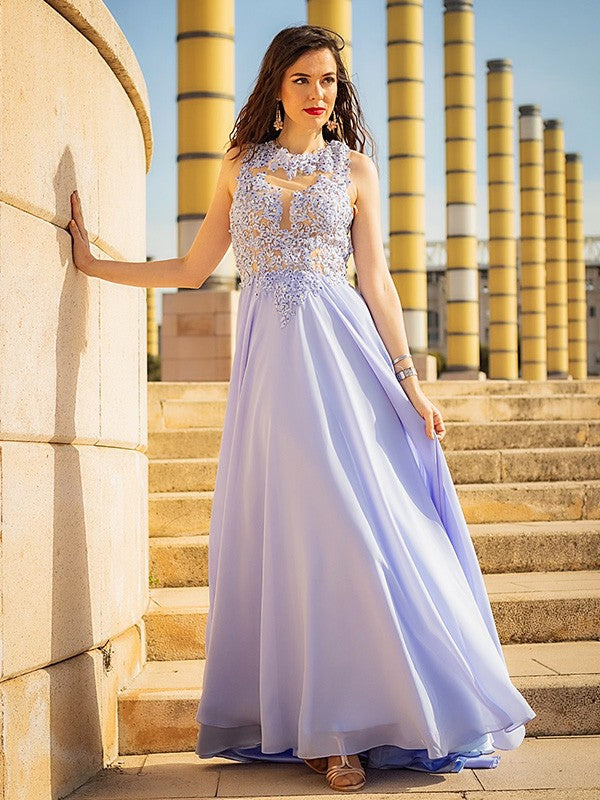 Robes de bal sans manches en mousseline avec application, coupe en A et col rond élégantes