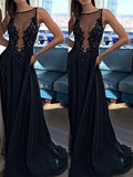 Robes de bal élégantes sans manches en mousseline avec encolure bateau et appliqué en ligne A