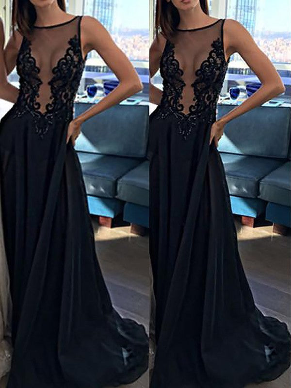 Robes de bal élégantes sans manches en mousseline avec encolure bateau et appliqué en ligne A