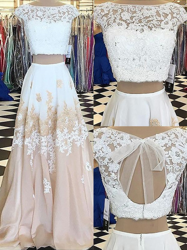Robes de bal deux pièces longues au sol en mousseline et dentelle, sans manches, élégantes, coupe en A avec encolure bateau