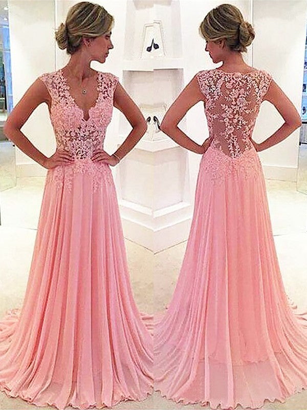 Robes de bal sans manches en dentelle et mousseline à encolure en V, coupe en A / élégantes