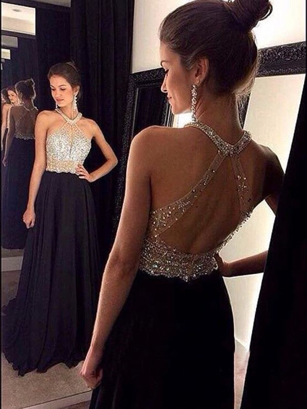 Robes de bal en mousseline à perles, sans manches, col licou, coupe en A/élégante