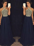 Robes de bal longues en mousseline à perles, sans manches, col licou, coupe en A/élégante