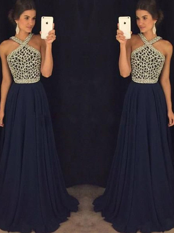 Robes de bal longues en mousseline à perles, sans manches, col licou, coupe en A/élégante