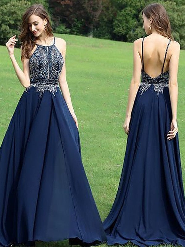 Robes de bal sans manches à col licou en mousseline perlée, coupe en A/élégante