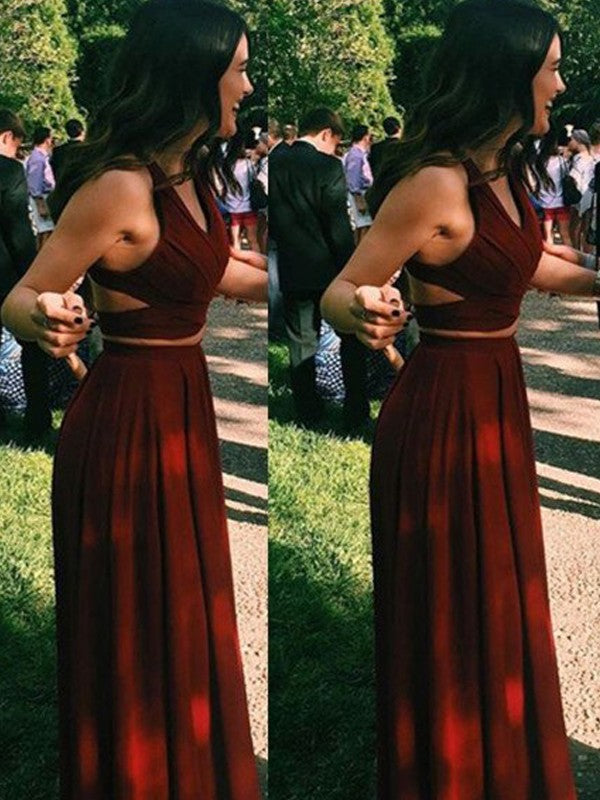 Robes de bal deux pièces longues en chiffon, sans manches, col licou, coupe en A/élégante