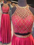 Robe de bal deux pièces longue jusqu'au sol en satin tissé élastique, sans manches, col licou, coupe en A/élégante avec perles