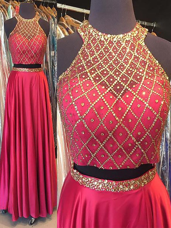 Robe de bal deux pièces longue jusqu'au sol en satin tissé élastique, sans manches, col licou, coupe en A/élégante avec perles