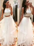 Robes de bal longues au sol en tulle perlées, sans manches, col licou, coupe en A/élégante