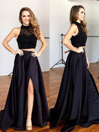 Robes de bal deux pièces en satin à perles, sans manches, col licou, coupe en A/élégante