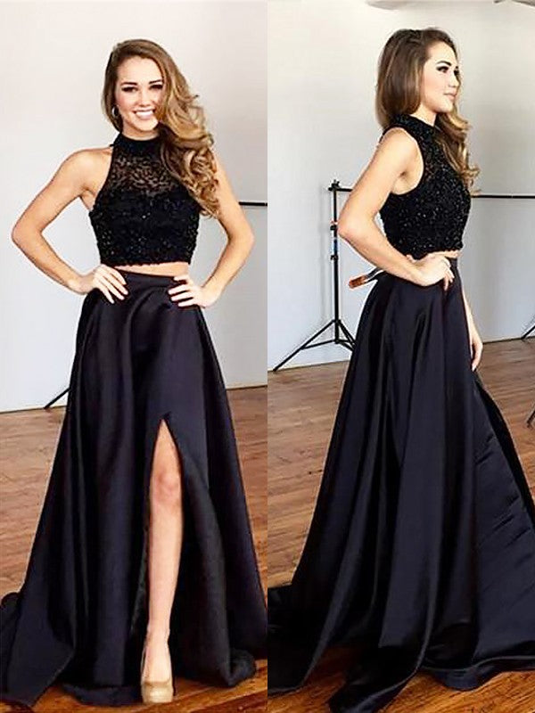 Robes de bal deux pièces en satin à perles, sans manches, col licou, coupe en A/élégante