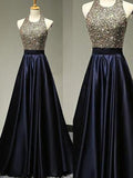 Robes de bal longues en satin à perles, sans manches, col licou, coupe en A/élégante