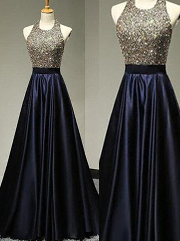 Robes de bal longues en satin à perles, sans manches, col licou, coupe en A/élégante