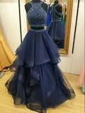 Robes de bal deux pièces longues au sol en tulle à perles, sans manches, col licou, coupe en A/élégante