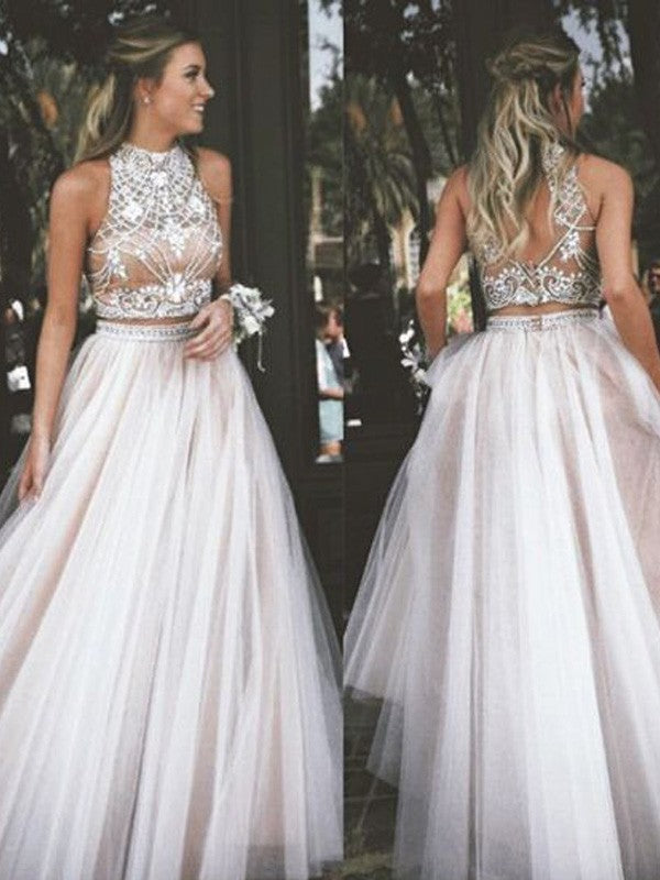 Robes de bal longues en tulle à perles, sans manches, col montant, coupe en A/élégante