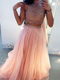 Robe de bal deux pièces en tulle à perles, sans manches, col montant, coupe en A / élégante