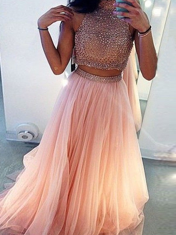 Vestidos de Baile de Duas Peças com Linha A/Elegante, Sem Mangas, Gola Alta, Tule e Bordados