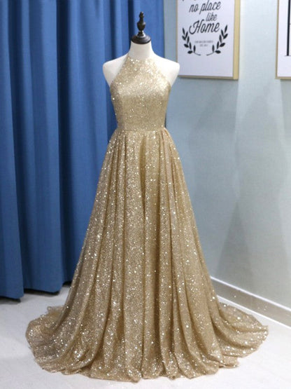 A-Line/Elegant Sleeveless Jewel Ruffles Sequins Prom Dresses