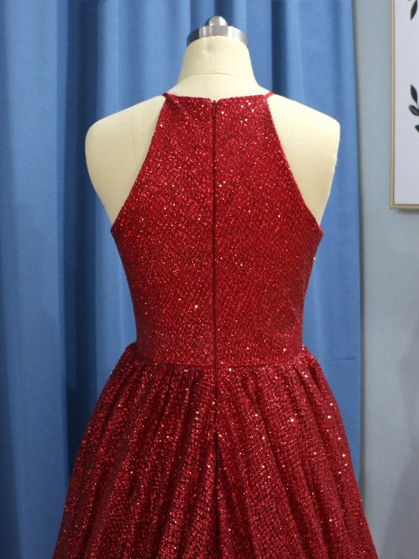 A-Line/Elegant Sleeveless Jewel Ruffles Sequins Prom Dresses