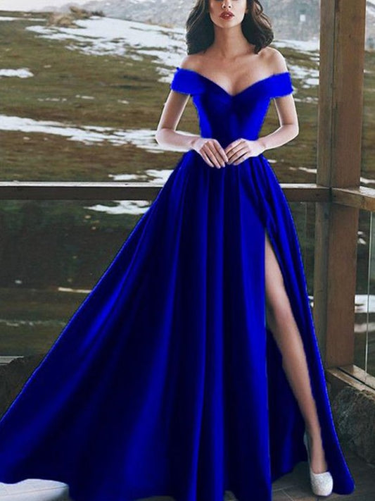 A-Linie/Elegant Ärmellos Off-the-Shoulder Bodenlang Rüschen Satin Ballkleider