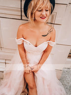 A-Line/Elegant Sleeveless Off-the-Shoulder Tulle Beading Prom Dresses