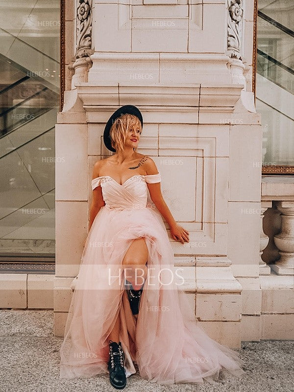A-Line/Elegant Sleeveless Off-the-Shoulder Tulle Beading Prom Dresses