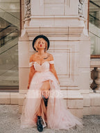 A-Line/Elegant Sleeveless Off-the-Shoulder Tulle Beading Prom Dresses